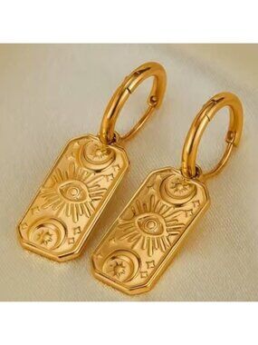 Gold Hoop Earrings with Sun and Moon Design Devils Eye Engraved Stainless Steel
